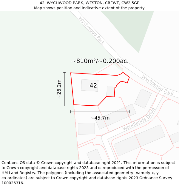 42, WYCHWOOD PARK, WESTON, CREWE, CW2 5GP: Plot and title map