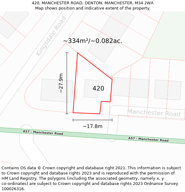 420, MANCHESTER ROAD, DENTON, MANCHESTER, M34 2WA: Plot and title map