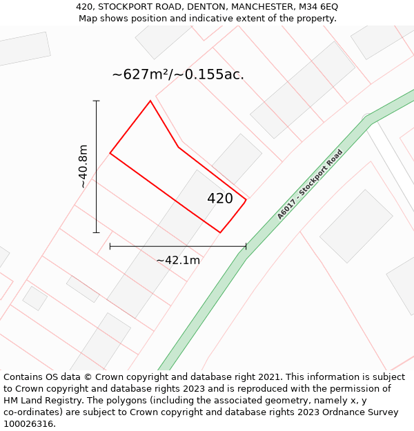 420, STOCKPORT ROAD, DENTON, MANCHESTER, M34 6EQ: Plot and title map