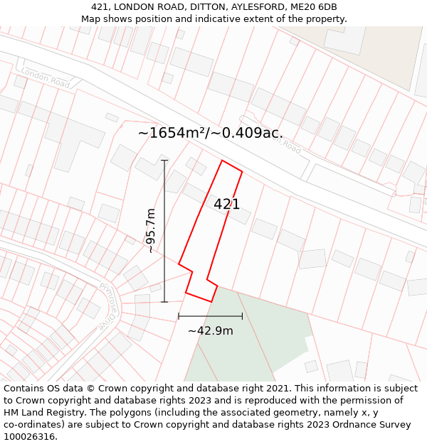 421, LONDON ROAD, DITTON, AYLESFORD, ME20 6DB: Plot and title map