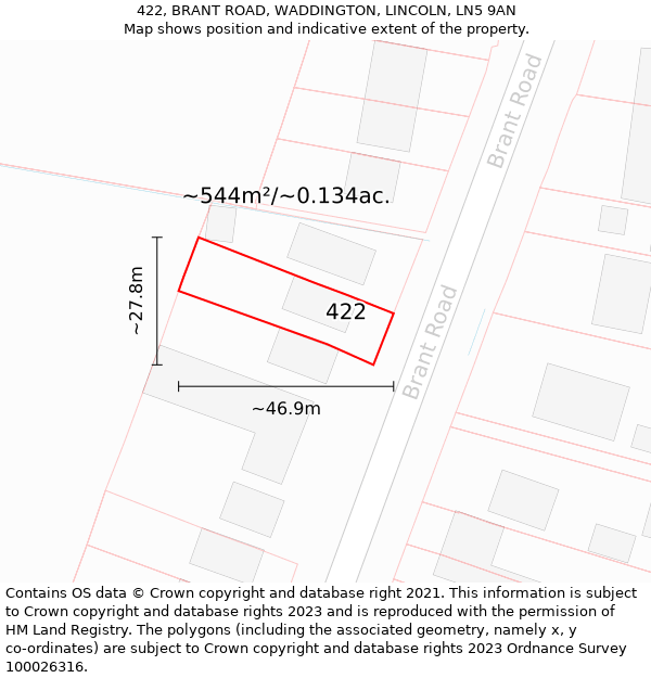 422, BRANT ROAD, WADDINGTON, LINCOLN, LN5 9AN: Plot and title map