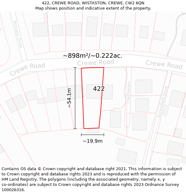 422, CREWE ROAD, WISTASTON, CREWE, CW2 6QN: Plot and title map