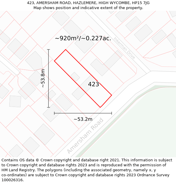 423, AMERSHAM ROAD, HAZLEMERE, HIGH WYCOMBE, HP15 7JG: Plot and title map