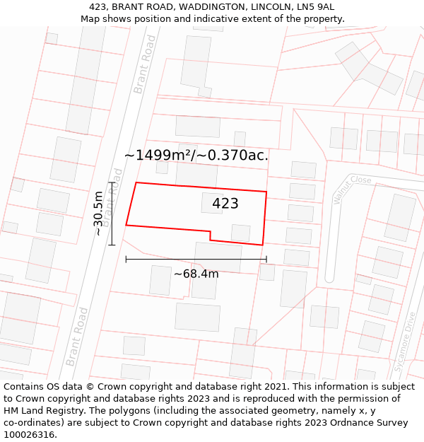 423, BRANT ROAD, WADDINGTON, LINCOLN, LN5 9AL: Plot and title map