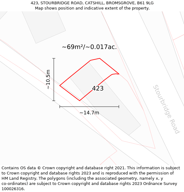 423, STOURBRIDGE ROAD, CATSHILL, BROMSGROVE, B61 9LG: Plot and title map