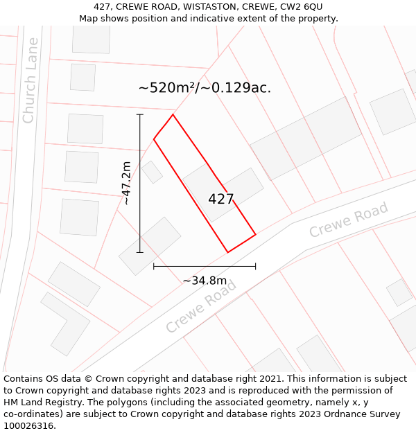 427, CREWE ROAD, WISTASTON, CREWE, CW2 6QU: Plot and title map