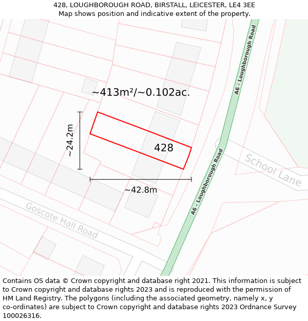 428, LOUGHBOROUGH ROAD, BIRSTALL, LEICESTER, LE4 3EE: Plot and title map