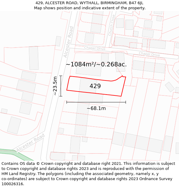 429, ALCESTER ROAD, WYTHALL, BIRMINGHAM, B47 6JL: Plot and title map