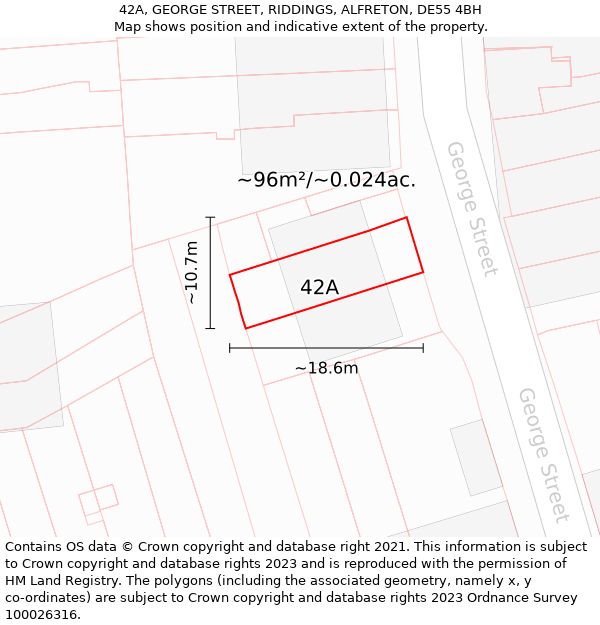 42A, GEORGE STREET, RIDDINGS, ALFRETON, DE55 4BH: Plot and title map