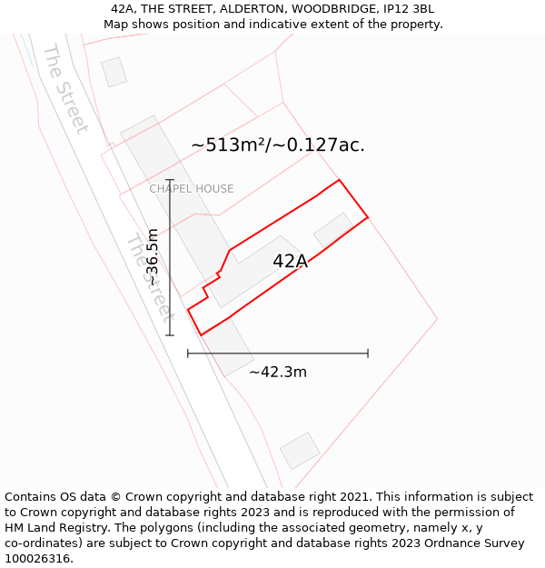 42A, THE STREET, ALDERTON, WOODBRIDGE, IP12 3BL: Plot and title map