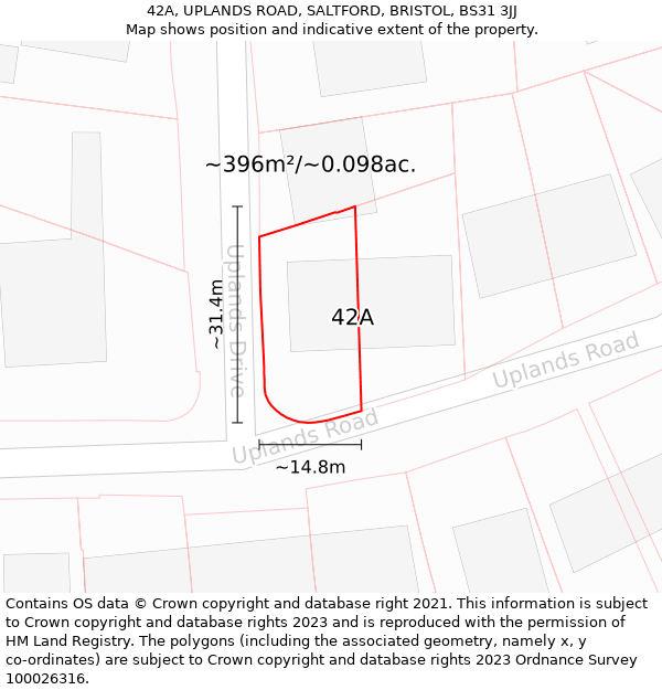 42A, UPLANDS ROAD, SALTFORD, BRISTOL, BS31 3JJ: Plot and title map