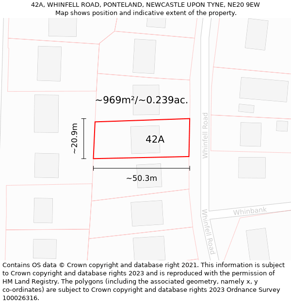 42A, WHINFELL ROAD, PONTELAND, NEWCASTLE UPON TYNE, NE20 9EW: Plot and title map