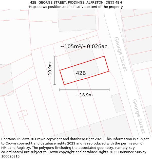 42B, GEORGE STREET, RIDDINGS, ALFRETON, DE55 4BH: Plot and title map