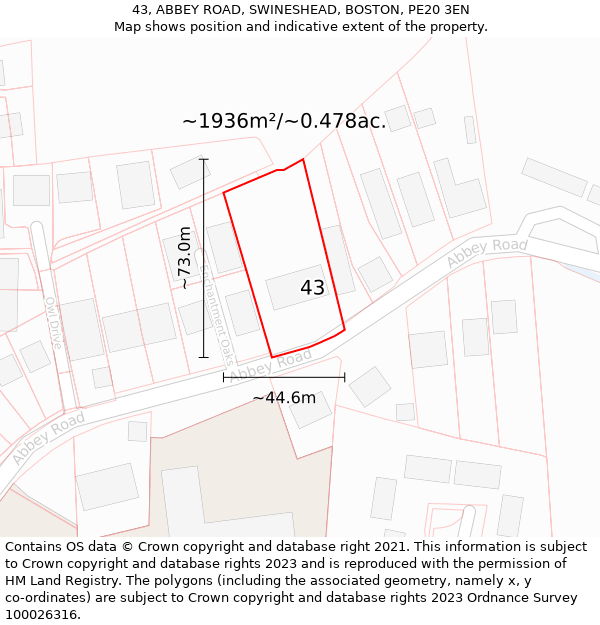 43, ABBEY ROAD, SWINESHEAD, BOSTON, PE20 3EN: Plot and title map