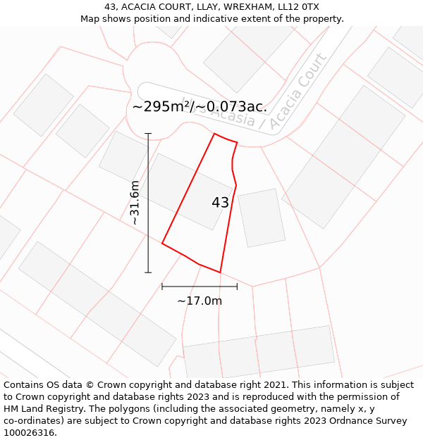 43, ACACIA COURT, LLAY, WREXHAM, LL12 0TX: Plot and title map