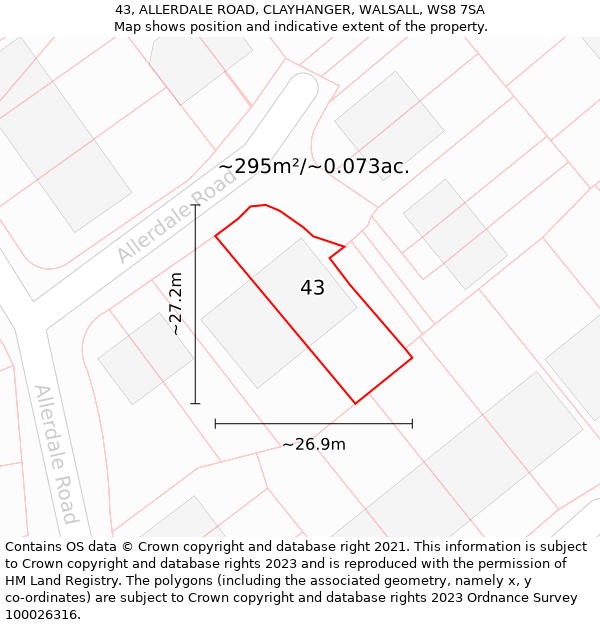 43, ALLERDALE ROAD, CLAYHANGER, WALSALL, WS8 7SA: Plot and title map