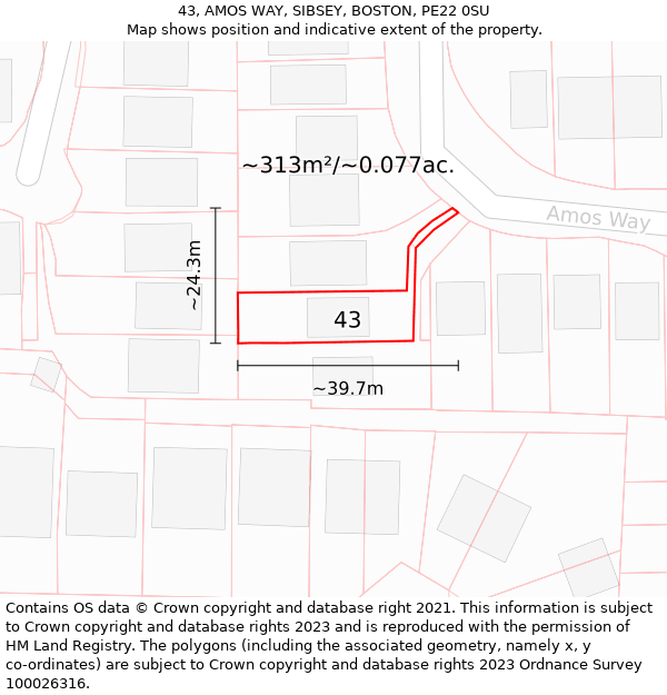 43, AMOS WAY, SIBSEY, BOSTON, PE22 0SU: Plot and title map