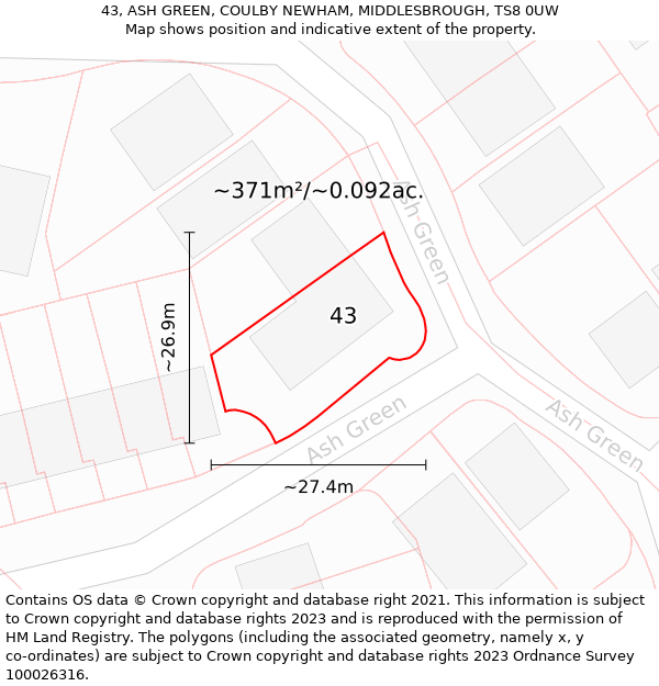 43, ASH GREEN, COULBY NEWHAM, MIDDLESBROUGH, TS8 0UW: Plot and title map