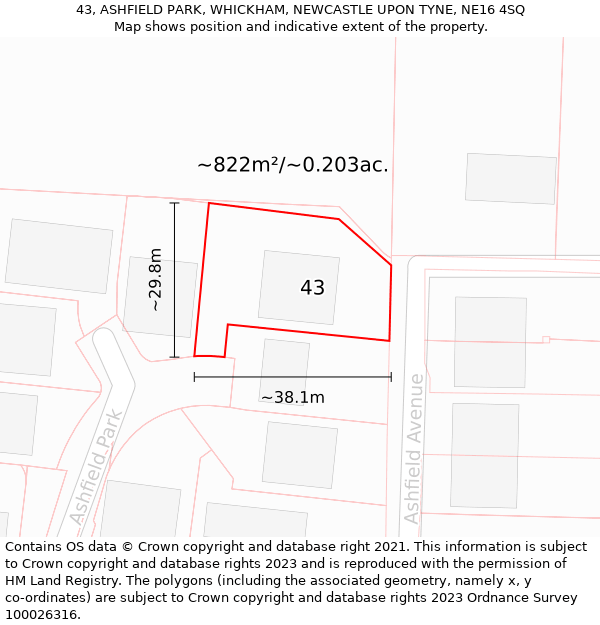 43, ASHFIELD PARK, WHICKHAM, NEWCASTLE UPON TYNE, NE16 4SQ: Plot and title map