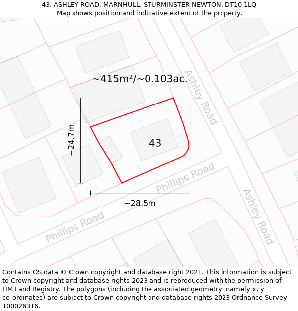 43, ASHLEY ROAD, MARNHULL, STURMINSTER NEWTON, DT10 1LQ: Plot and title map