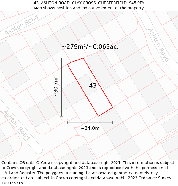 43, ASHTON ROAD, CLAY CROSS, CHESTERFIELD, S45 9FA: Plot and title map