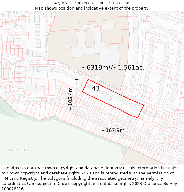 43, ASTLEY ROAD, CHORLEY, PR7 1RR: Plot and title map