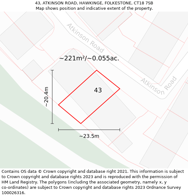 43, ATKINSON ROAD, HAWKINGE, FOLKESTONE, CT18 7SB: Plot and title map