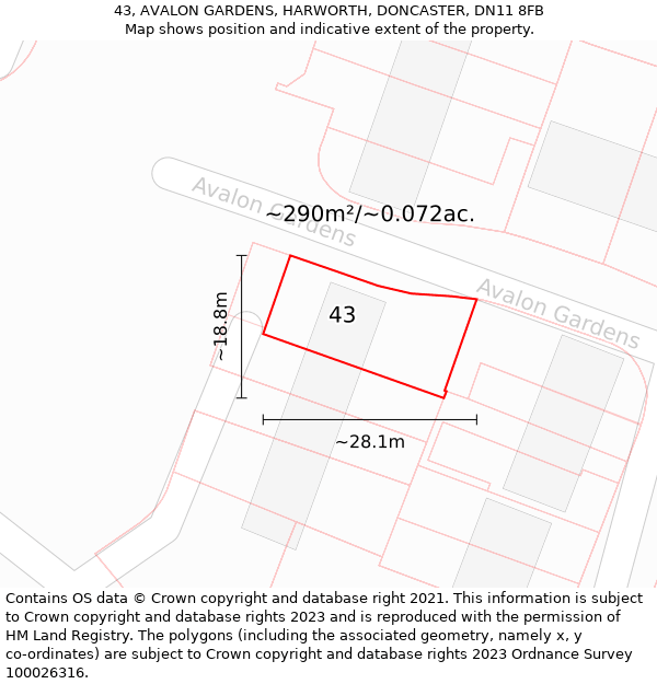 43, AVALON GARDENS, HARWORTH, DONCASTER, DN11 8FB: Plot and title map