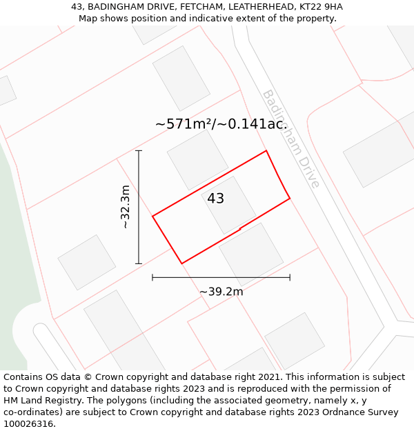 43, BADINGHAM DRIVE, FETCHAM, LEATHERHEAD, KT22 9HA: Plot and title map