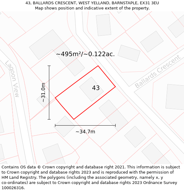 43, BALLARDS CRESCENT, WEST YELLAND, BARNSTAPLE, EX31 3EU: Plot and title map