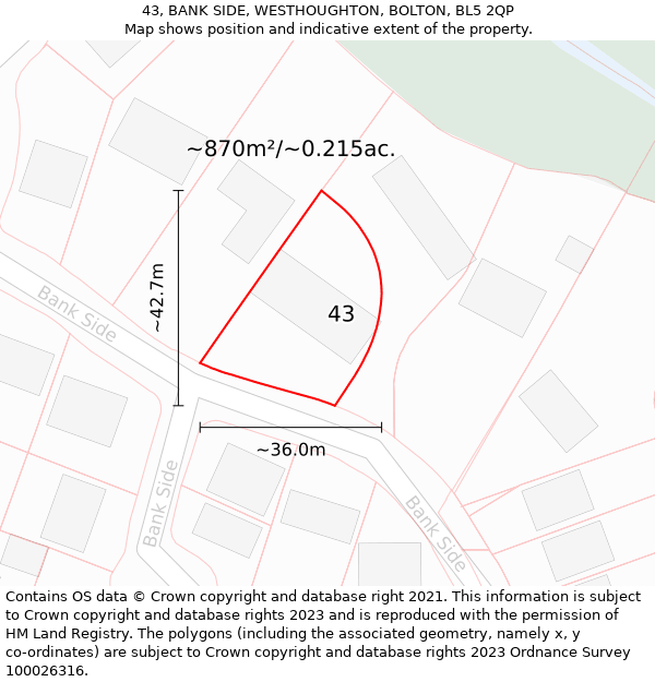 43, BANK SIDE, WESTHOUGHTON, BOLTON, BL5 2QP: Plot and title map