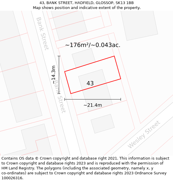 43, BANK STREET, HADFIELD, GLOSSOP, SK13 1BB: Plot and title map