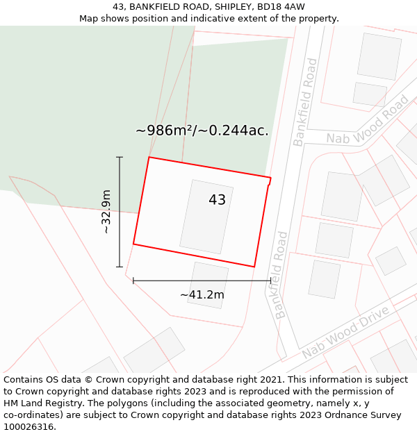 43, BANKFIELD ROAD, SHIPLEY, BD18 4AW: Plot and title map