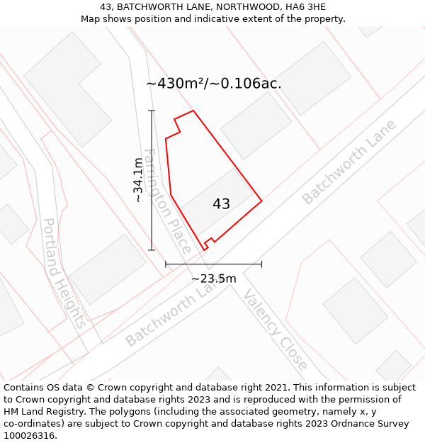 43, BATCHWORTH LANE, NORTHWOOD, HA6 3HE: Plot and title map