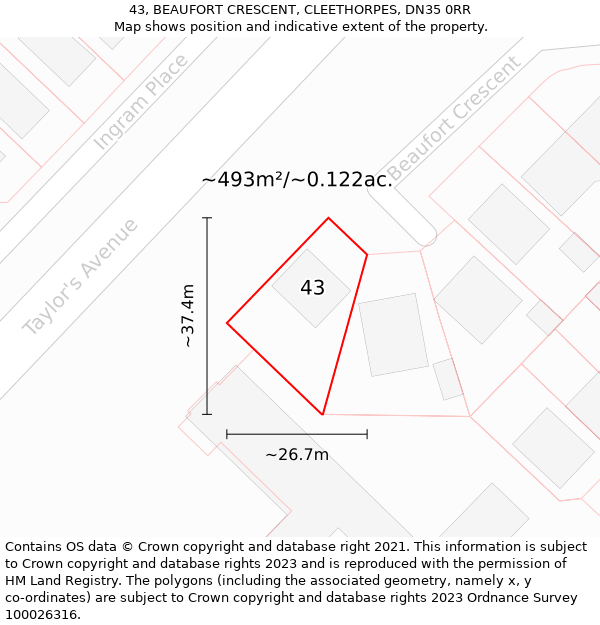 43, BEAUFORT CRESCENT, CLEETHORPES, DN35 0RR: Plot and title map