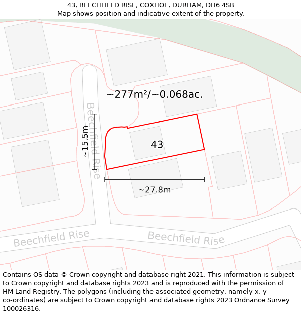 43, BEECHFIELD RISE, COXHOE, DURHAM, DH6 4SB: Plot and title map