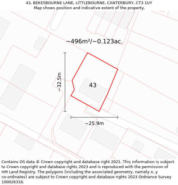 43, BEKESBOURNE LANE, LITTLEBOURNE, CANTERBURY, CT3 1UY: Plot and title map