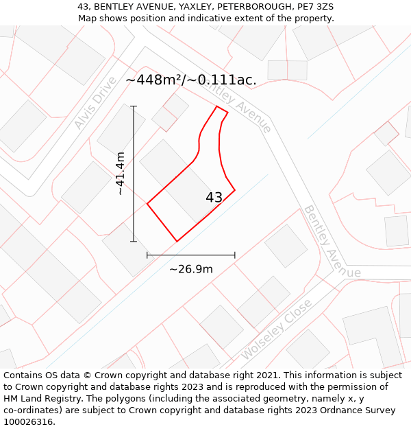 43, BENTLEY AVENUE, YAXLEY, PETERBOROUGH, PE7 3ZS: Plot and title map