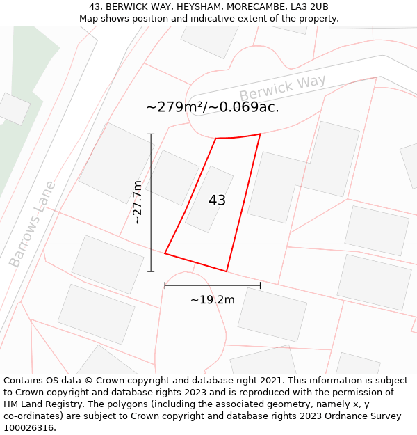 43, BERWICK WAY, HEYSHAM, MORECAMBE, LA3 2UB: Plot and title map