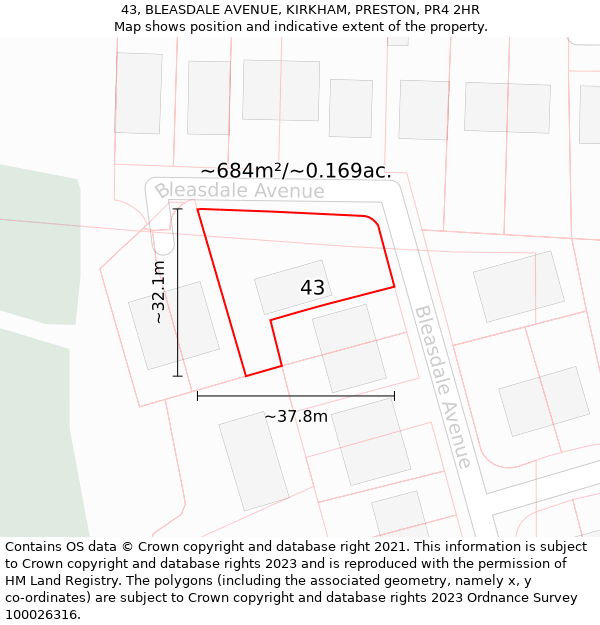 43, BLEASDALE AVENUE, KIRKHAM, PRESTON, PR4 2HR: Plot and title map