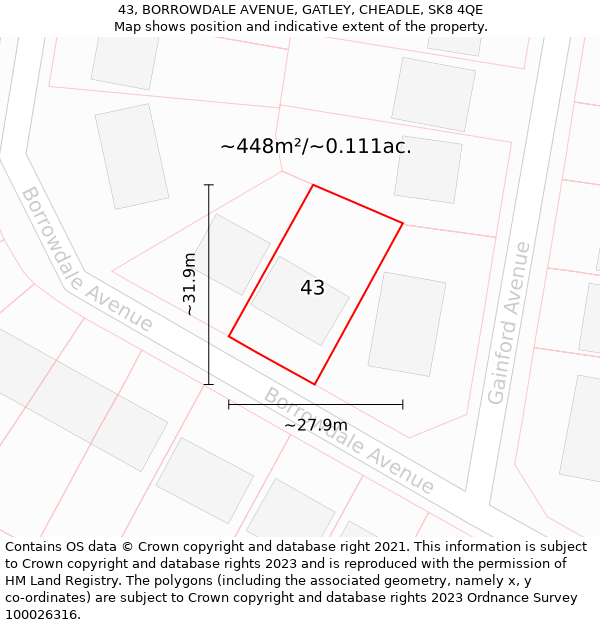 43, BORROWDALE AVENUE, GATLEY, CHEADLE, SK8 4QE: Plot and title map