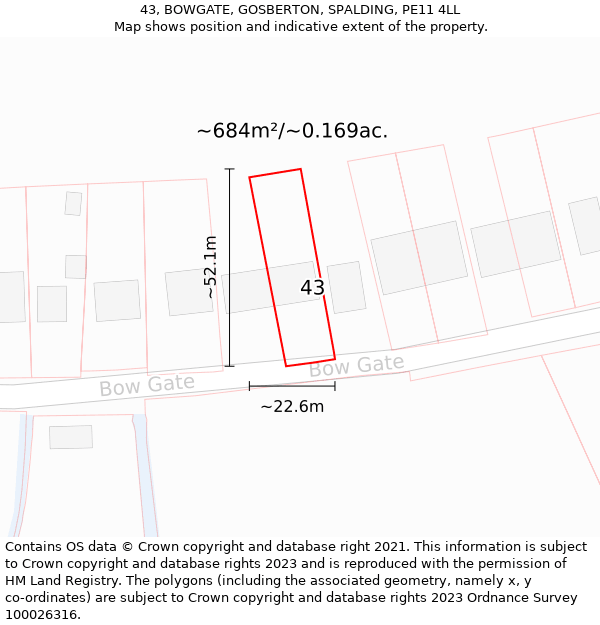 43, BOWGATE, GOSBERTON, SPALDING, PE11 4LL: Plot and title map