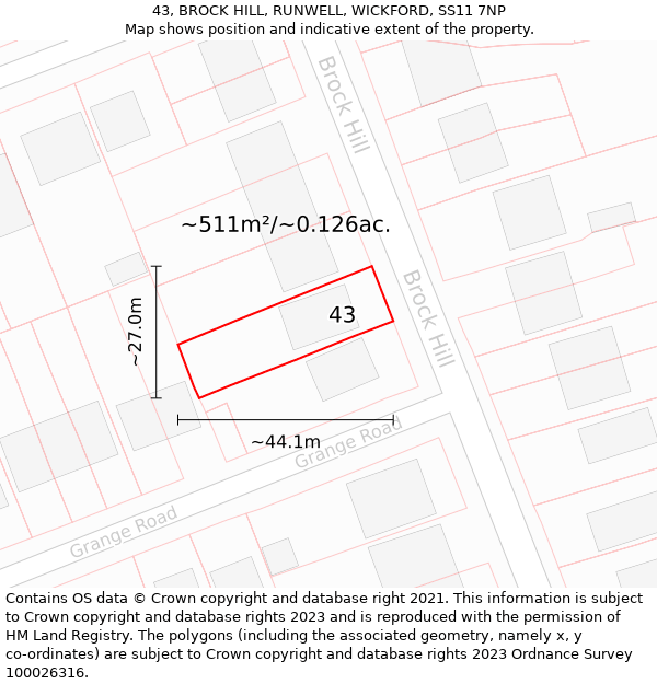 43, BROCK HILL, RUNWELL, WICKFORD, SS11 7NP: Plot and title map