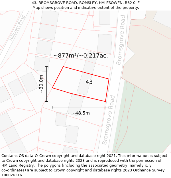 43, BROMSGROVE ROAD, ROMSLEY, HALESOWEN, B62 0LE: Plot and title map