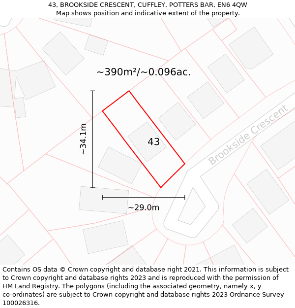 43, BROOKSIDE CRESCENT, CUFFLEY, POTTERS BAR, EN6 4QW: Plot and title map