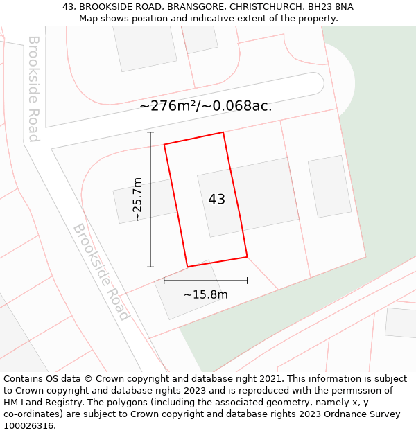 43, BROOKSIDE ROAD, BRANSGORE, CHRISTCHURCH, BH23 8NA: Plot and title map