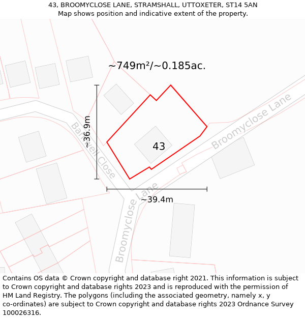 43, BROOMYCLOSE LANE, STRAMSHALL, UTTOXETER, ST14 5AN: Plot and title map