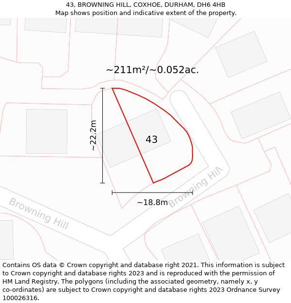 43, BROWNING HILL, COXHOE, DURHAM, DH6 4HB: Plot and title map