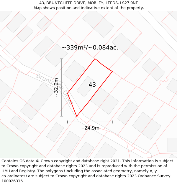 43, BRUNTCLIFFE DRIVE, MORLEY, LEEDS, LS27 0NF: Plot and title map