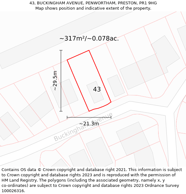 43, BUCKINGHAM AVENUE, PENWORTHAM, PRESTON, PR1 9HG: Plot and title map